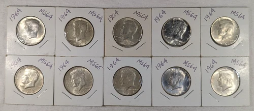 LOT OF 10 UNC 1964 KENNEDY HALF DOLLAR COINS $5 FACE VALUE UNCIRCULATED #79