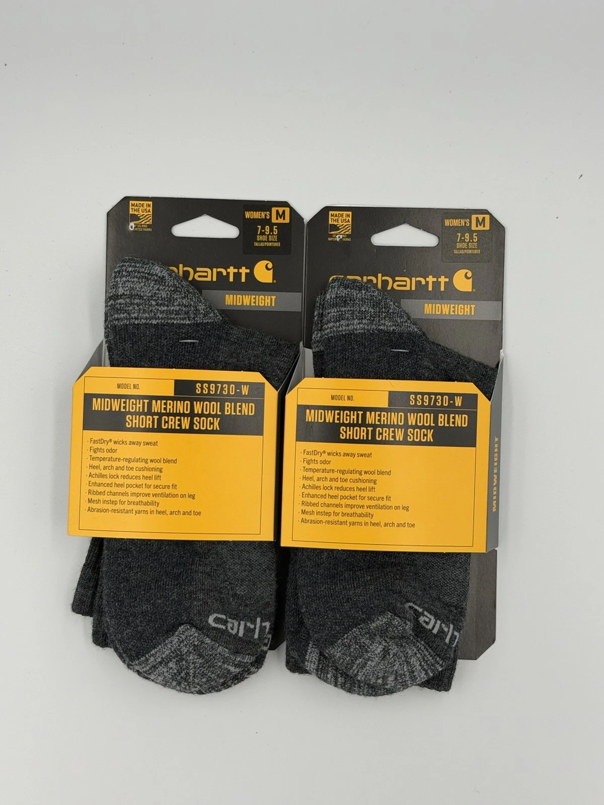 Carhartt Women's Midweight Merino Wool Blend Crew Sock Medium 7-9.5 2 Pack