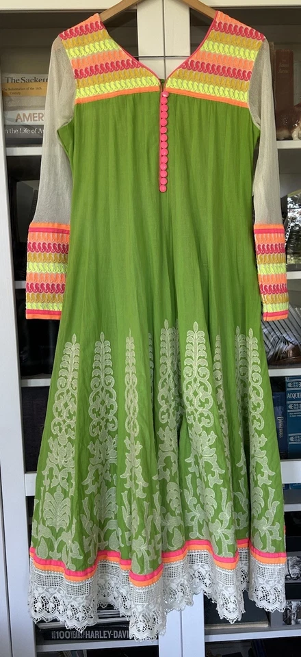 Ethnic Shagufta Pakistani Indian Party Dress Fancy Colorful Green Pink Cotton - Image 2 of 4