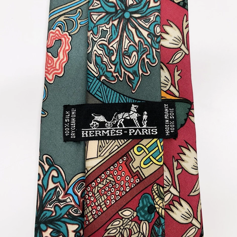 Hermes Hombre Bufanda Corbata Arte Des Estepas Abstracto Floral Seda 3.5" (W) 56" (L) Usado en Excelente Condición Foto 2 de 4