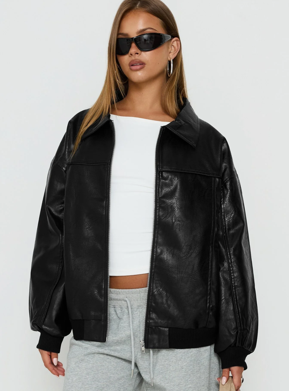 Princess Polly Goldsmith Faux Leather Bomber Jacket in Black, Size 4