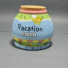 Coin Bank Bella Casa by Ganz "Vacation Money" Ceramic Cash Jar w Cork Lid