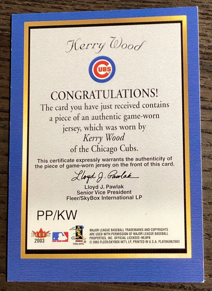 2003 Fleer Platinum Portraits Jerseys Kerry Wood #PP/KW Game-Worn Jersey Cubs - Image 2 of 2
