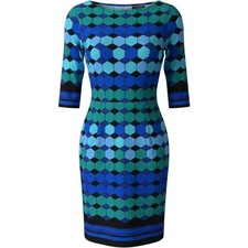 Sheath Dress Women's Sz 16 Blue Geometric Honeycomb Stretch Office Mod Work Wear