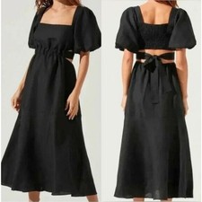 ASTR the Label the Angeles Dress Black Smocked Puff Sleeve Linen Blend Womens XS