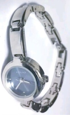 Women Folio Watch By Fossil Fl1032 Silver Case Bracelet Band Black