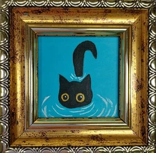Black cat Painting Framed original art Funny kitten handmade art Mini painting