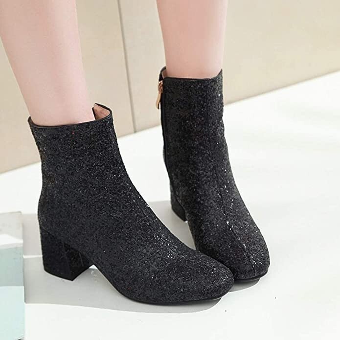 EU37 Chunky Heels Ankle Boots Glitzer Stiefeletten Blockabsatz
