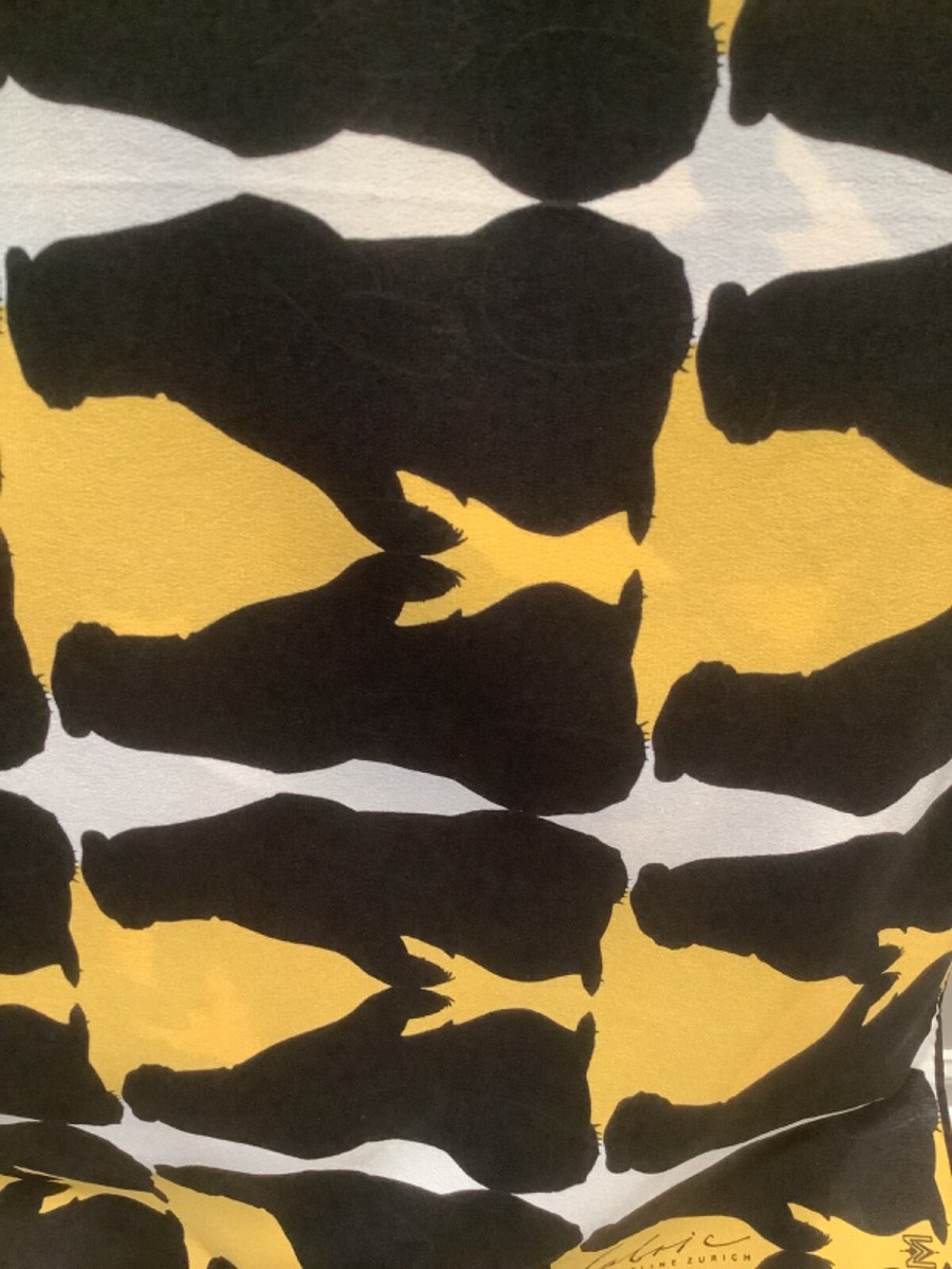 Fabric Frontline Zurich Switzerland Silk Scarf Yellow Black White 100% Silk View 3