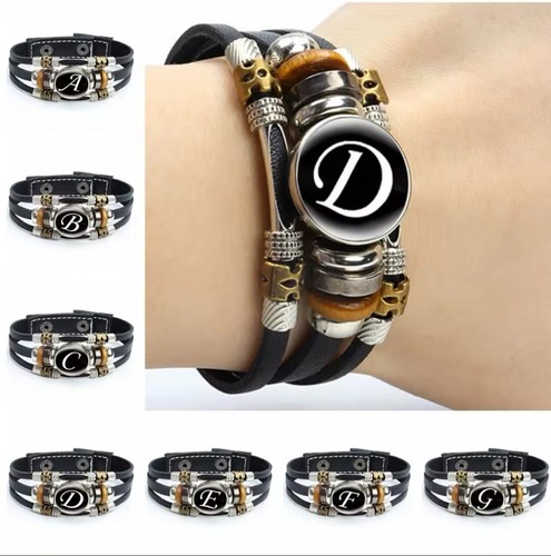 Leather Bracelet Letter T Alphabet Cabochon Adjustable Snap Bracelet Men Women - Picture 2 of 5