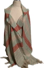 Pretty Persuasions Mint Green Tan Salmon Plaid Scarf Shawl Fringe Ends Acrylic