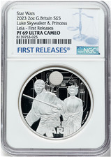 G. BRITAIN 2023 STAR WARS LUKE SKYWALKER & PRINCESS LEIA £5 SILVER COIN NGC PF69