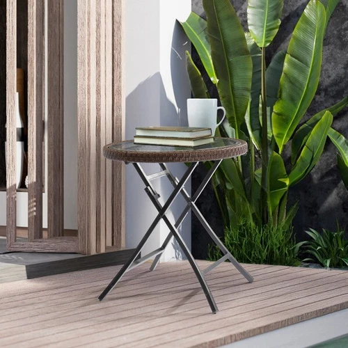 Outdoor Side Table Round Rattan Patio Side Table Small Foldable Wicker Table - Picture 9 of 10