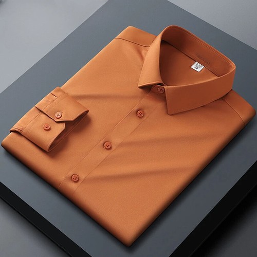 Long Sleeved Shirt Men's Business Resistant Elastic Solid Color Men's Shirt - Picture 26 of 35
