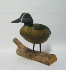 Signed 1989 Tom Humberstone Blue Winged Teal Wood Duck Decoy Carving on Log
