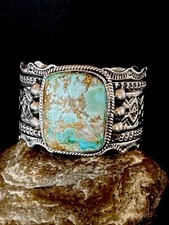 Mens Green Royston Turquoise Stamped Navajo Sterling Silver Cuff Bracelet 17864