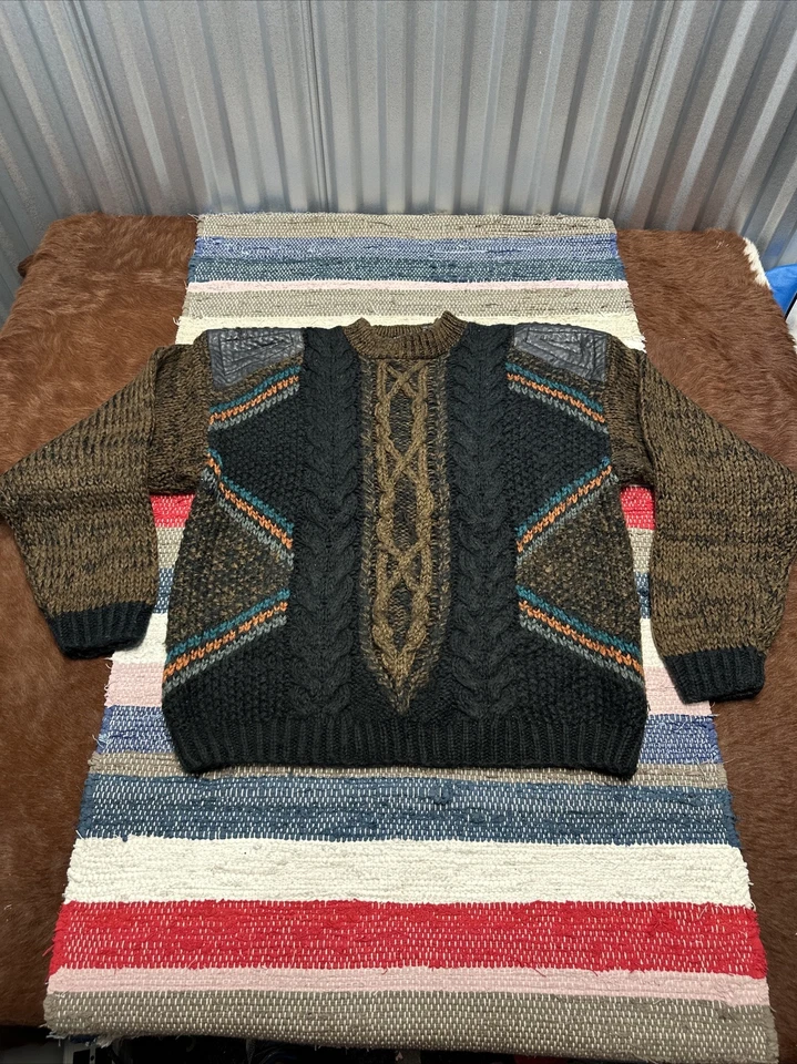 Hombres XL Vintage Escenas Callejeras Suéter Parche Cuero Manga Larga Cable Tejido Foto 4 de 4