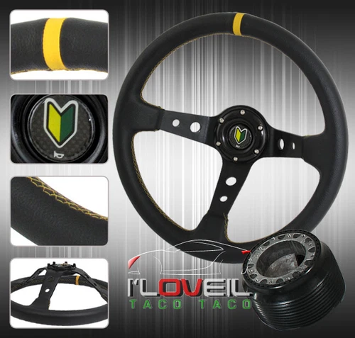 For 1989-1998 Nissan 240Sx S13/S14 Black Leather Yellow Stitching Steering Wheel