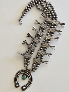 STERLING Old Pawn Handmade NAVAJO TURQUOISE Vintage Squash Blossom 20" Necklace