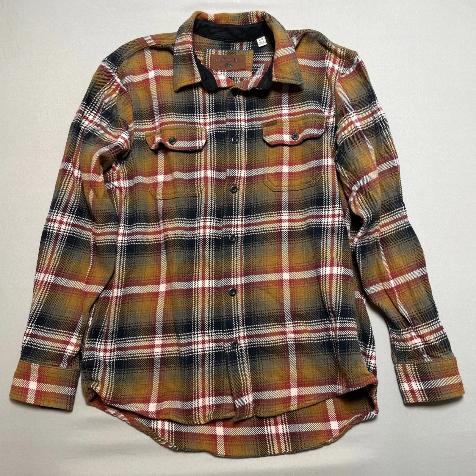 Orvis Mens Plaid Flannel Shirt Long Sleeve Button Up Pockets Mustard Tan Size M