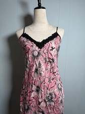 Vintage 100 Silk Slip Dress Pink Floral Lace Trim Lingerie Style Mini Y2K