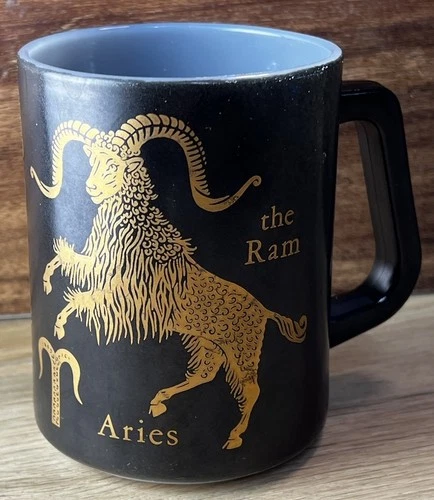 Vintage Federal Glass Black Gold Milk Glass Aries The Ram Zodiac Coffee Mug