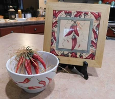 Classic Ceramics California Pantry Red Chili Pepper Trivet, Bowl, and Peppers