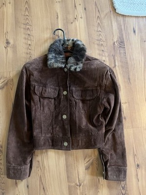 Far East Ism Brown Suede Jacket Faux Fur Collar Button Accents Women's
