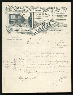 Rechnung Lyon 1902, Toiles Specialite d´articles Blancs, J. B. Rey, Geschäftsha 