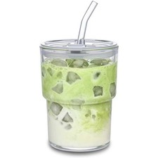 13oz Glass Tumbler with Straw and Lid Leakproof Reusable Iced Coffee Cup Thick