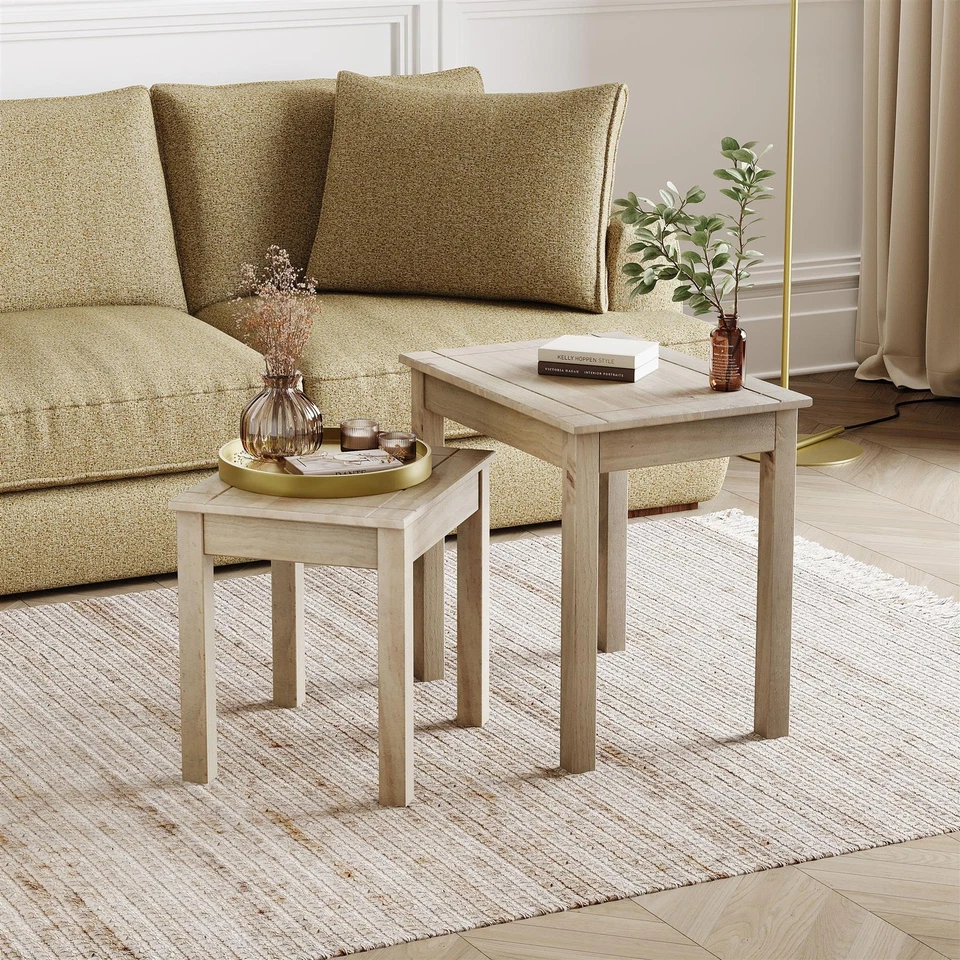 Nest of Tables Solid Pine Wood Set of 2 Coffee Side Table Living Room Furniture - Image 3 of 4