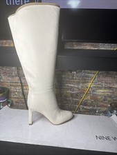 New NINE WEST Sancha Dress Tall Boots Wide Calf Ivory Leather High Heel 5.5m