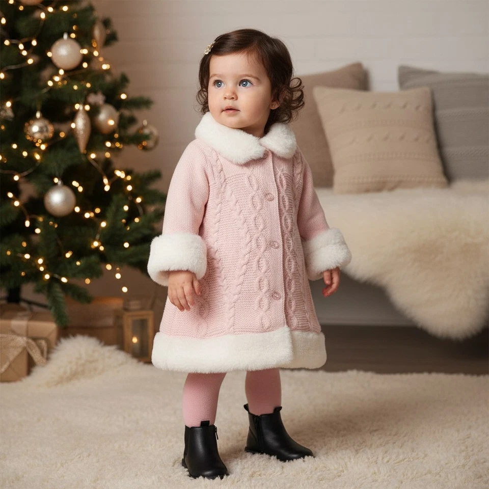ROCK A BYE BABY Baby Girl Knitted Coat Jacket Faux Fur Cable Pink