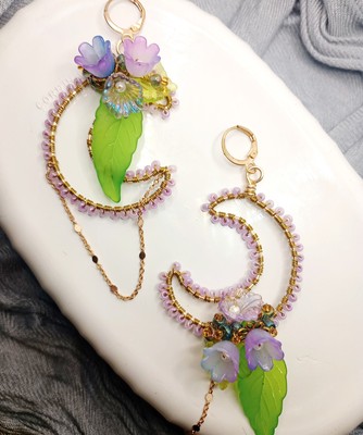 Boho Floral Celestial Glass Beaded Moon shape Dangle/Drop Earrings Artisan Made