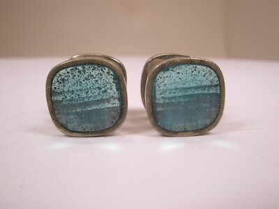 Square Blue Faceted Snap Style Vintage B&W Kum-a-Part Cuff Links