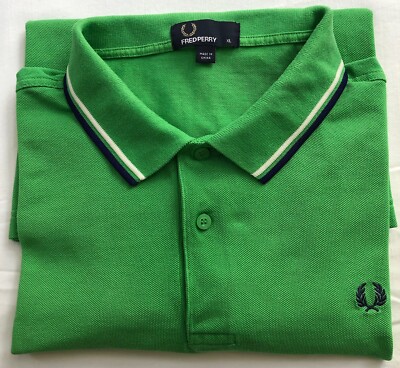 Classic FRED PERRY Kelly Green / Navy / White golf pique polo shirt men's XL 