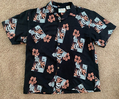 Vintage Hawaiian Aloha Thumbs Up Black Floral Mens Shirt Size Large