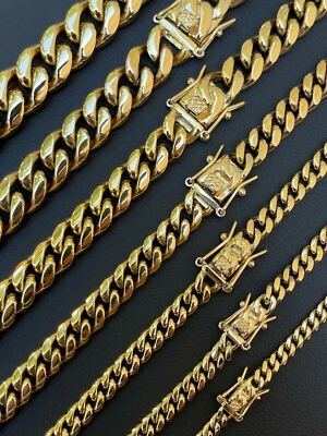 #ad Miami Cuban Link Chain Necklace Bracelet 14k Gold Plated Stainless Steel 4 14mm $44.10