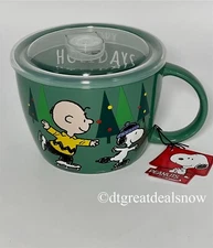 Peanuts Charlie Brown Snoopy Microwave Soup Bowl Mug Vent Lid 25 oz Green NEW