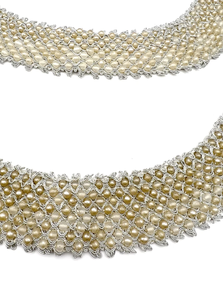 Par de collares de perlas de imitación vintage bandas cuentas de champán marfil en hilo de plata Foto 3 de 4