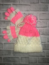 NWT JUSTICE GIRLS WINTER POM POM HAT  MITTENS PINK WHITE STRIPED ONE SIZE