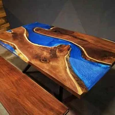 Custom Blue Epoxy Resin Wooden River Style Center Dining Table Top