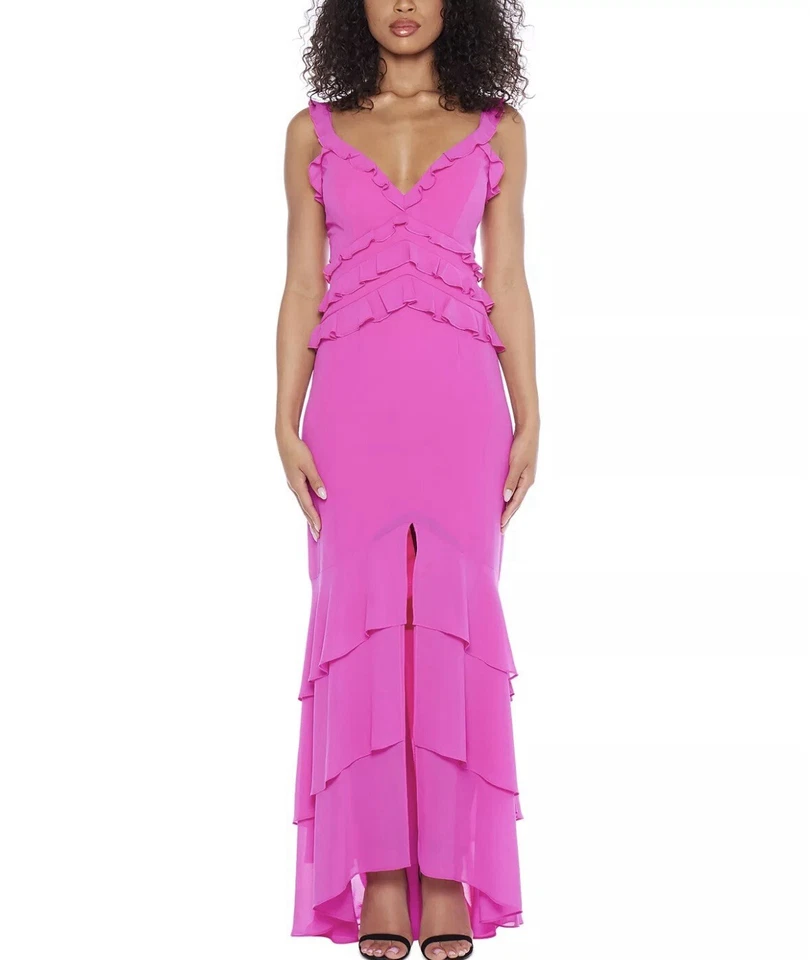 B.Darlin : Juniors' Pink Ruffle V-Neck Front-Slit Gown | Size 1/2 XS | NWT ✨ - Image 2 of 4