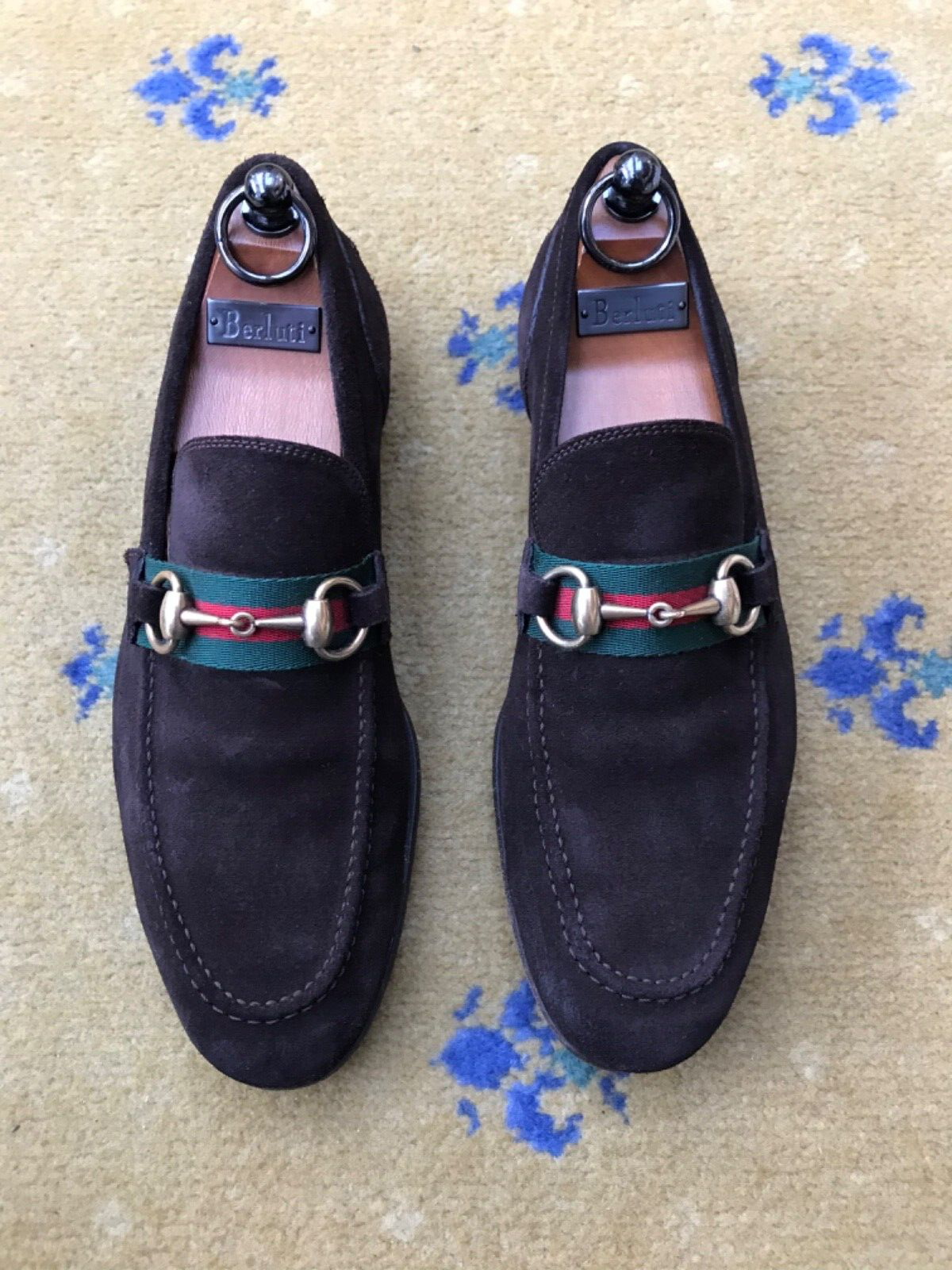 Gucci Jordaan Horsebit Loafers in Suede Brown Web Green Red Mens UK 5 US 6 39-image
