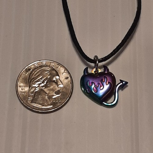 HEART / DEVIL HORNS Rainbow Stainless Pendant Charm / 26" Adjustable Necklace - Picture 2 of 4