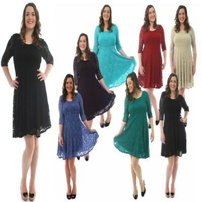 Women Ladies Plus Size Nauvelle Floral Lace Line Mid Skater Dress UK (14-28)