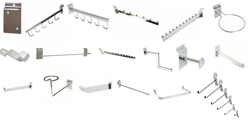 MY SHOP FITTINGS LTD. HD SLATWALL DISPLAY ACCESSORIES- ARMS, BRACKETS, HOOKS, D RAILS FOR RETAIL SHOPS