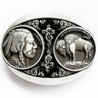 Buckle Indianer, USA, Bison- Bulle, Liberty, 5c-Münze, vintage, Gürtelschnalle