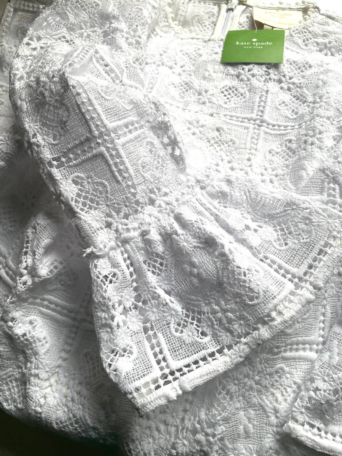 Kate Spade mini abito tubino pizzo 00 bianco orlo increspato foderato floreale boho