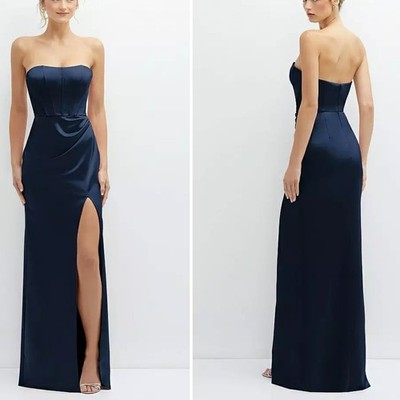 NWT After Six Strapless Corset Satin Maxi Dress, Draped Column Skirt Navy Sz 10